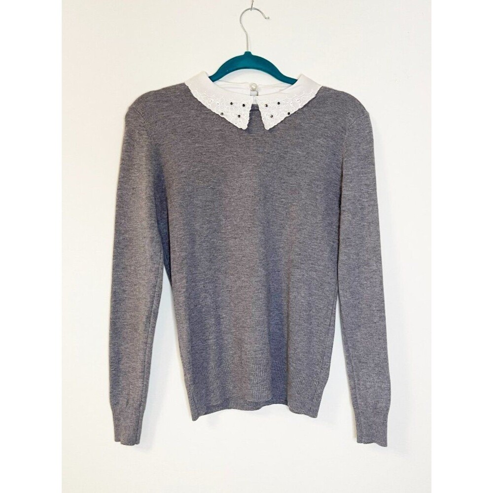 Vila Milano Gray Sweater w/ Embellished Peter Pan Collar Size M Preppy Twee